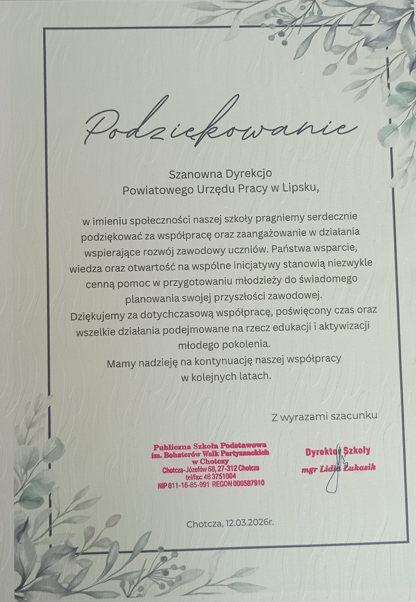 Zdjęcie przedstawia dyplom z podziękowaniami.